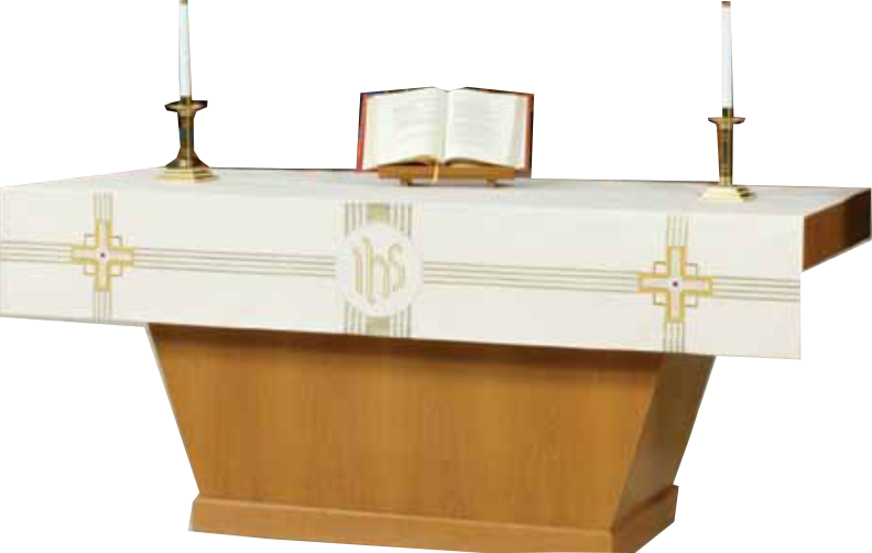 Altar table with a white cloth, open book, and candles on a white background