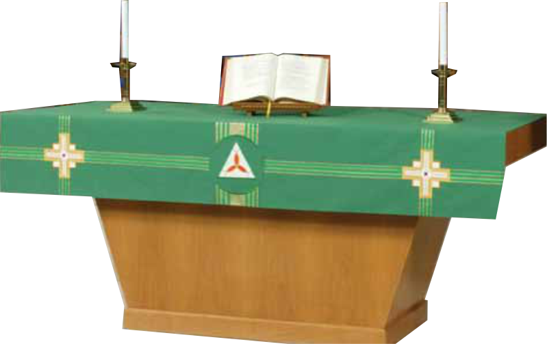 Wooden altar table with a green cloth, open book, and candles on a white background