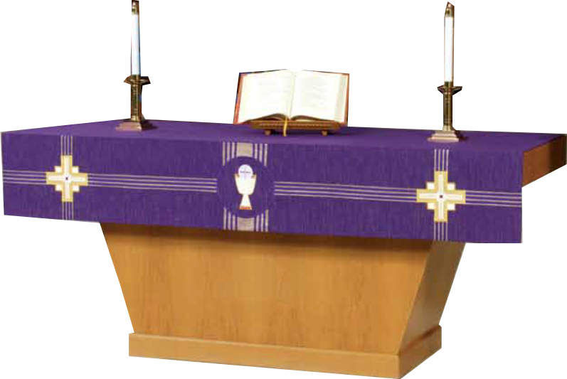 Wooden altar table with a purple cloth featuring a cross and religious symbol, on a white background.