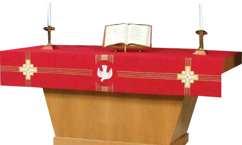 Altar with red cloth, open book, candles, and dove symbol on a white background