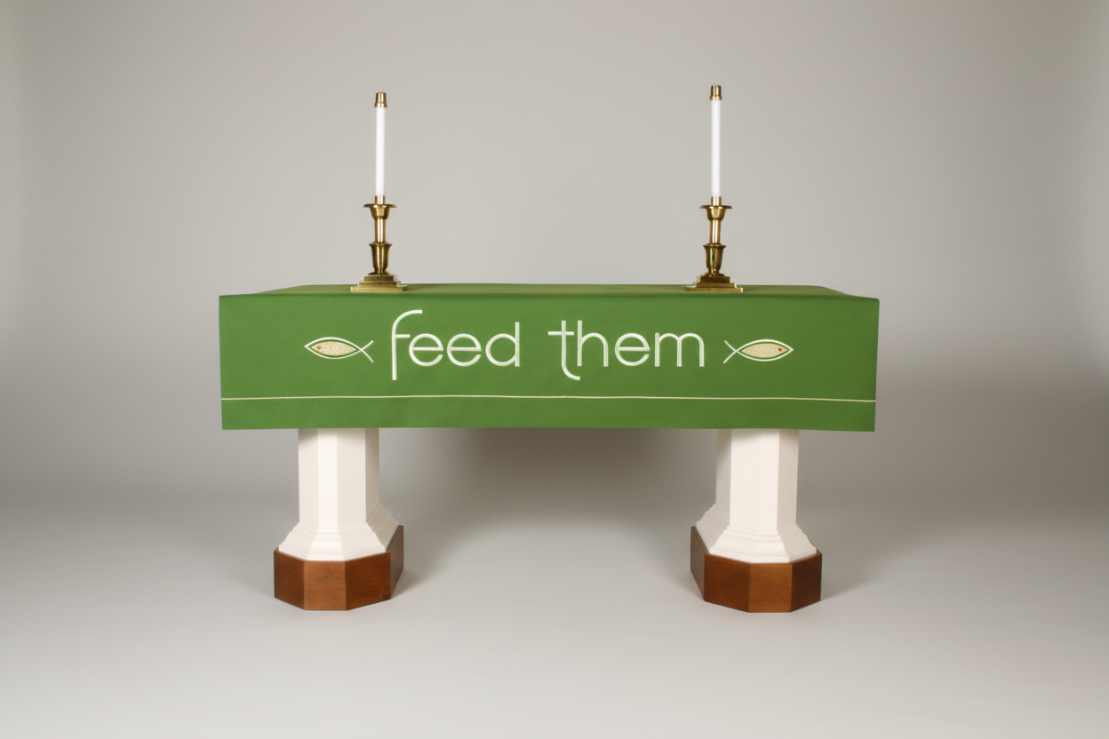 Green altar cloth with 'feed them' text and fish symbol on a white background
