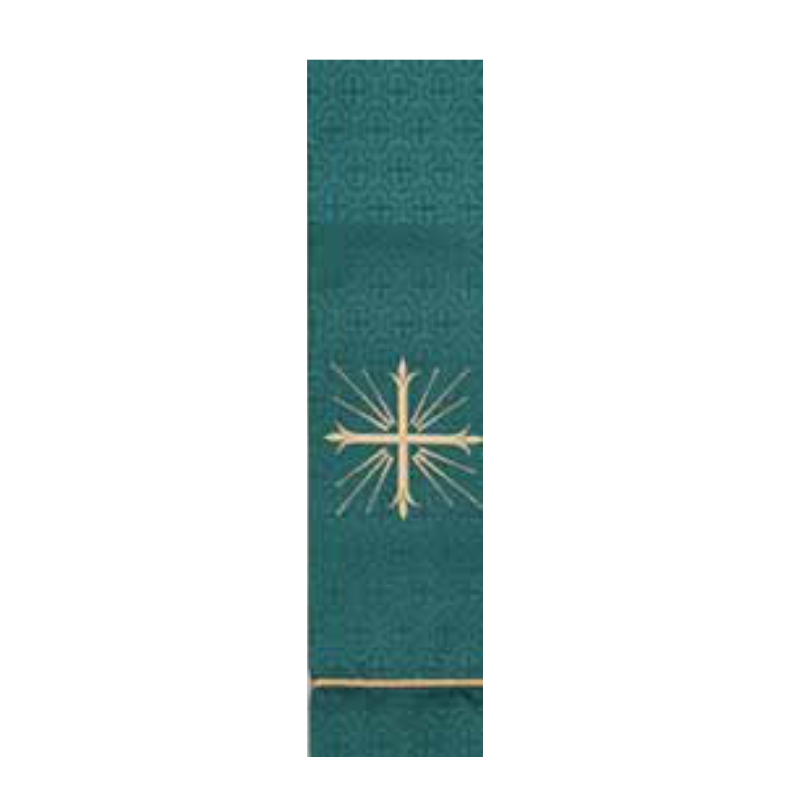 Green fabric strip with gold cross design on a white background