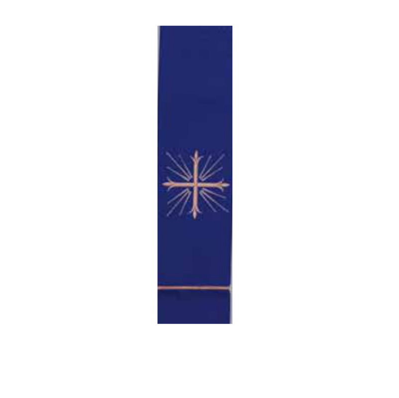 Navy blue ribbon with a gold cross design on a white background