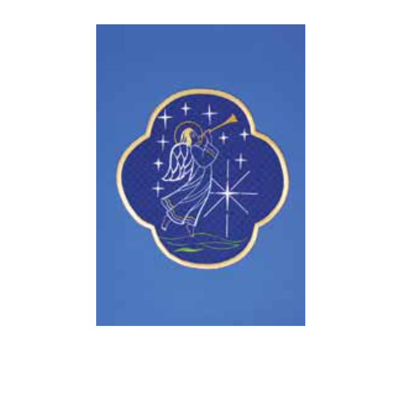 Decorative card with an angel holding a trumpet on a blue background