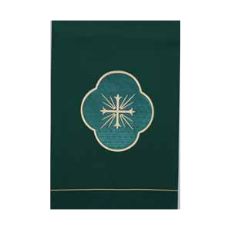 Dark green fabric with a central embroidered design on a white background