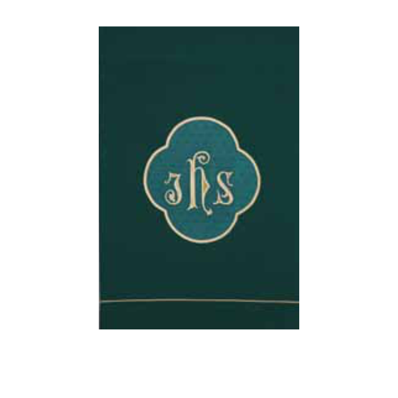 Green book with gold monogram on a white background