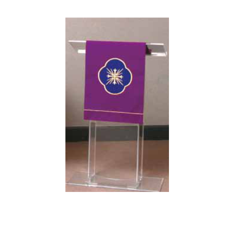 Purple towel with a blue and gold emblem on a clear stand against a white background