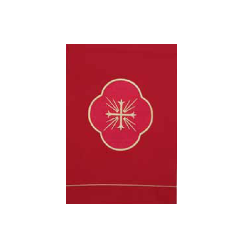 Red fabric with a gold emblem on a white background