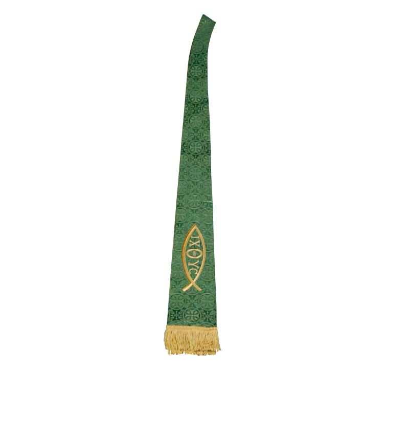 Green stole with a fish symbol on a white background