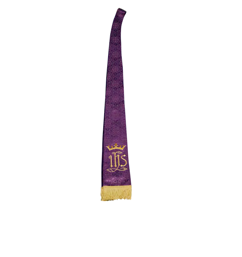 Purple and gold scarf with a logo on a white background