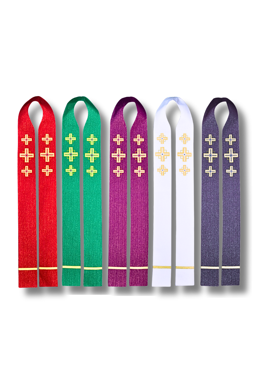 Six ceremonial vestments or sashes in red, green, magenta, white, and purple, each decorated with gold embroidered crosses and a gold band near the bottom, displayed on a white background.