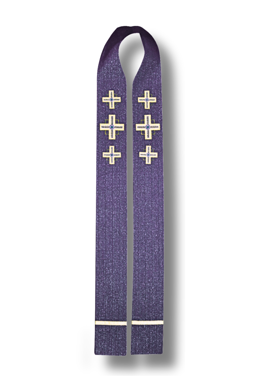 A purple liturgical vestment, likely a chasuble or stole, featuring embroidered gold crosses and white stripe details at the bottom, shown against a plain white background.