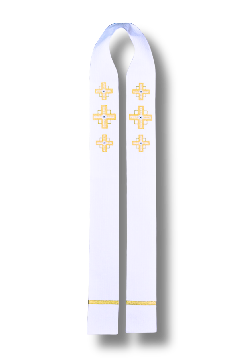 A white liturgical vestment, likely a chasuble or stole, featuring four gold embroidered crosses on each side and a gold stripe near the bottom, displayed against a white background with a soft drop shadow.