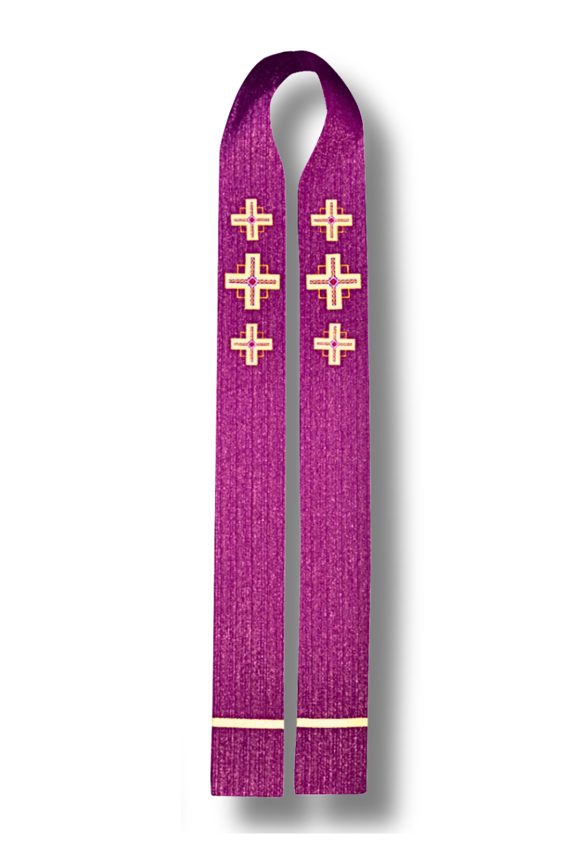 A purple liturgical vestment, likely a chasuble or stole, featuring embroidered gold crosses and a gold horizontal stripe near the bottom, shown against a plain white background.
