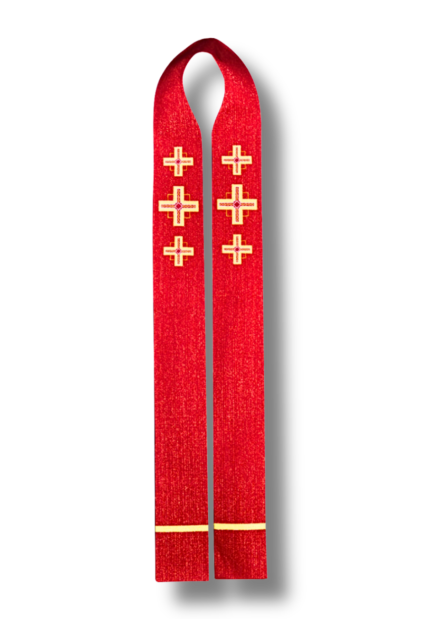 A red liturgical vestment, likely a chasuble or stole, featuring embroidered gold crosses and a gold horizontal stripe near the bottom, shown against a plain white background.