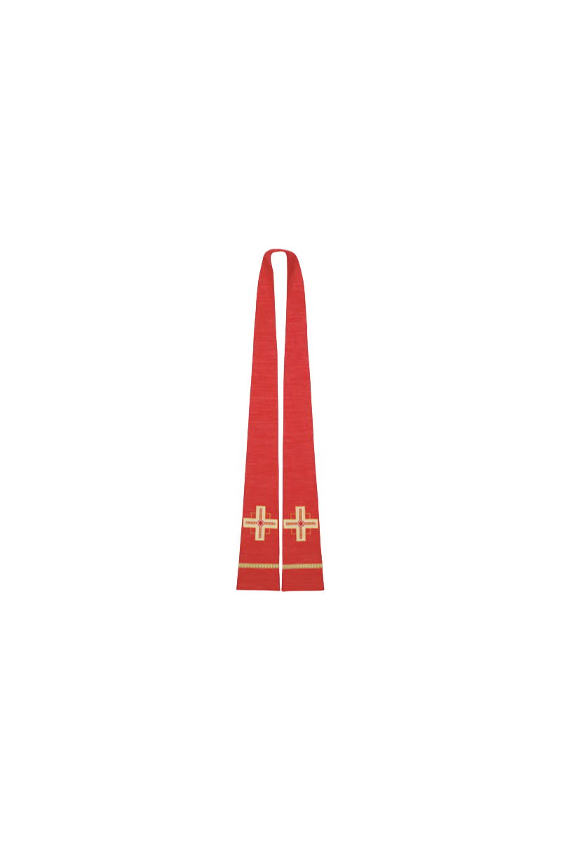 Red stole with gold cross design on a white background