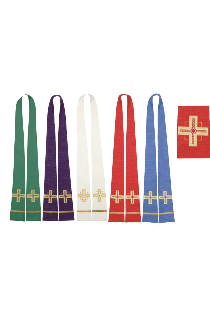 Set of five colorful liturgical stoles with crosses on a white background