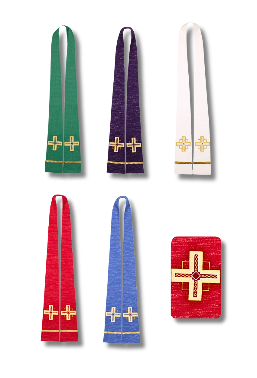 Six liturgical vestments or sashes are displayed on a plain white background, arranged in two columns of three. The set includes green, purple, and white sashes with gold trim and crosses, red and blue sashes with gold trim and crosses, and a red rectangular sash with a large gold cross and central red cross detail.