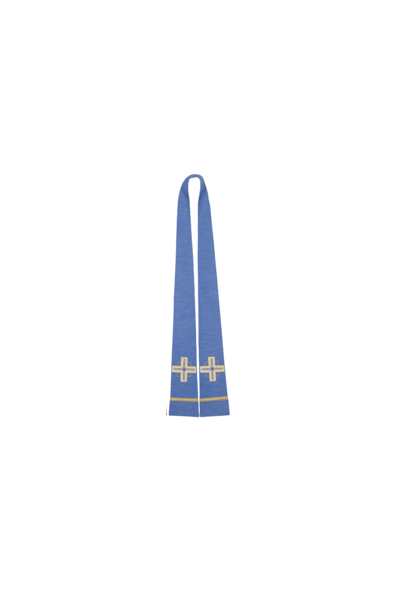Blue ribbon with a gold cross on a white background