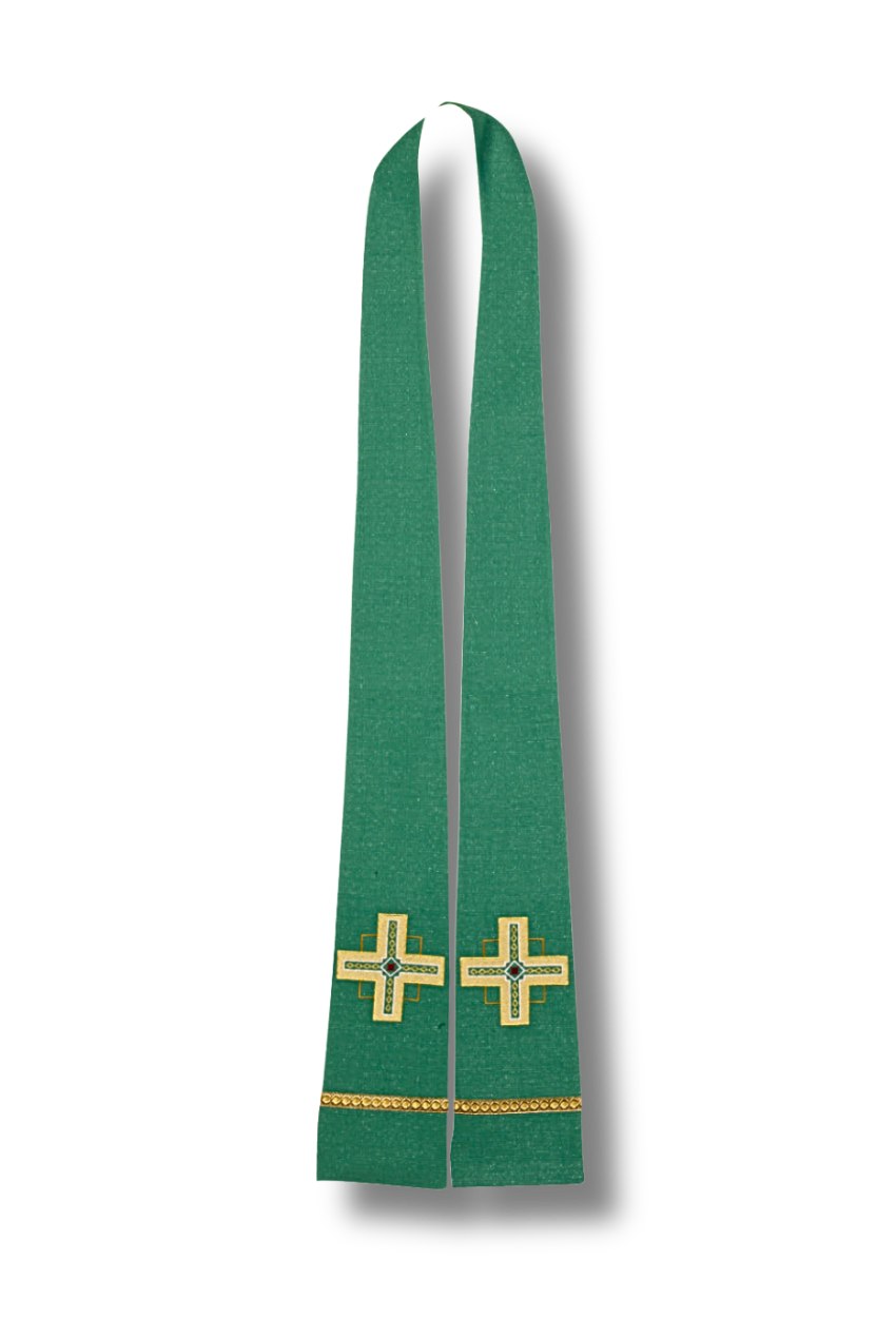 A green liturgical vestment, likely a chasuble or stole, featuring two embroidered gold crosses with small blue centers and gold trim near the bottom hem, shown against a plain white background.