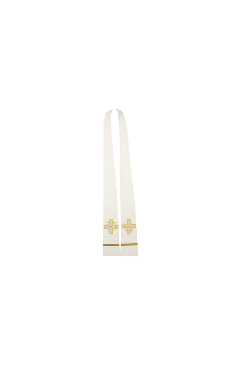 White ribbon with gold cross design on a white background