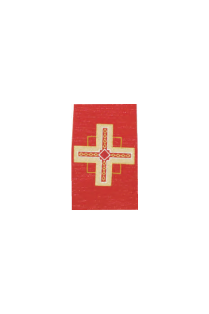 Red fabric with a gold cross design on a white background