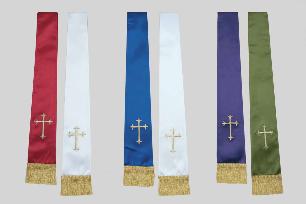 Set of five colorful stoles with embroidered crosses on a white background