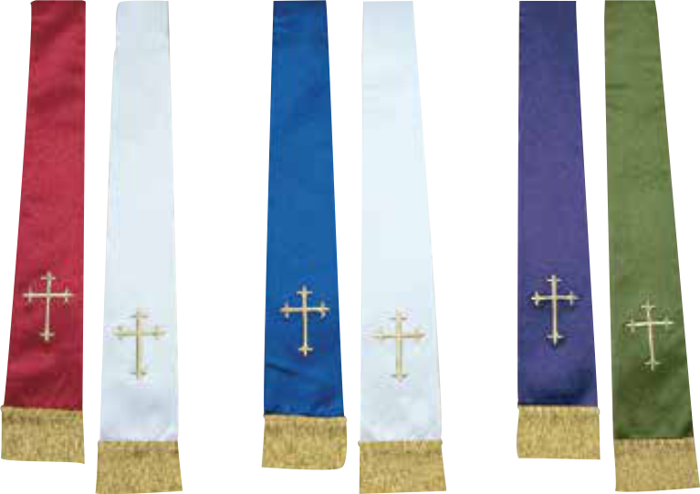 Set of five colorful stole ribbons with embroidered crosses on a white background