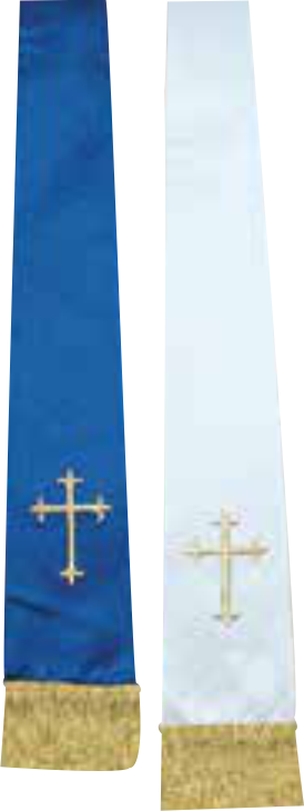Two fabric stoles with gold crosses on a blue and white background