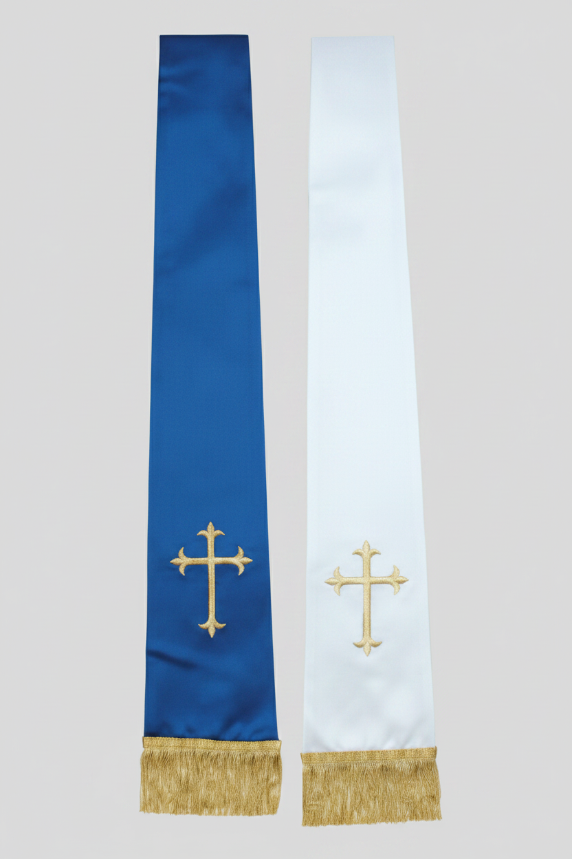 Two fabric stoles with gold crosses on a blue and white background