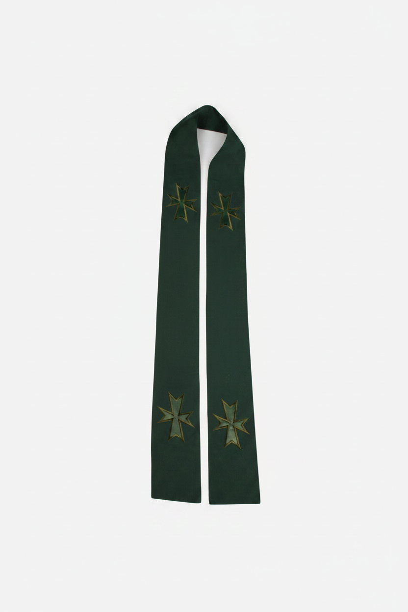 Green stole with embroidered crosses on a white background