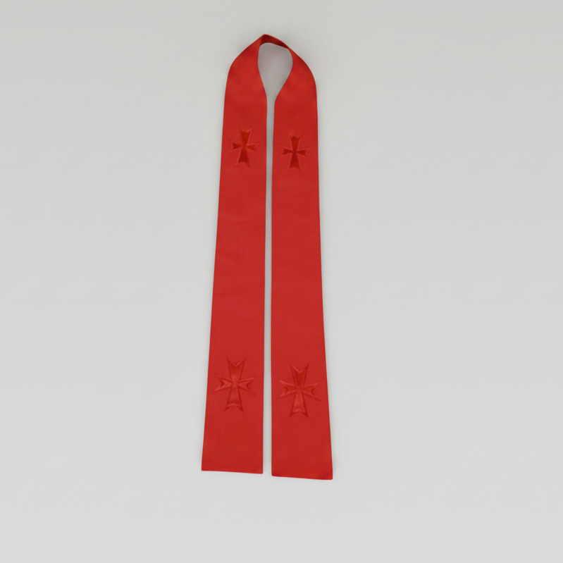 Red stole with 4 embroidered crosses on a white background