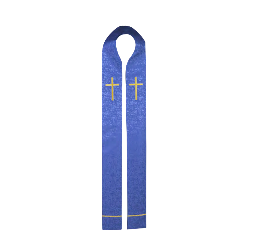 Blue stole with gold crosses on a white background