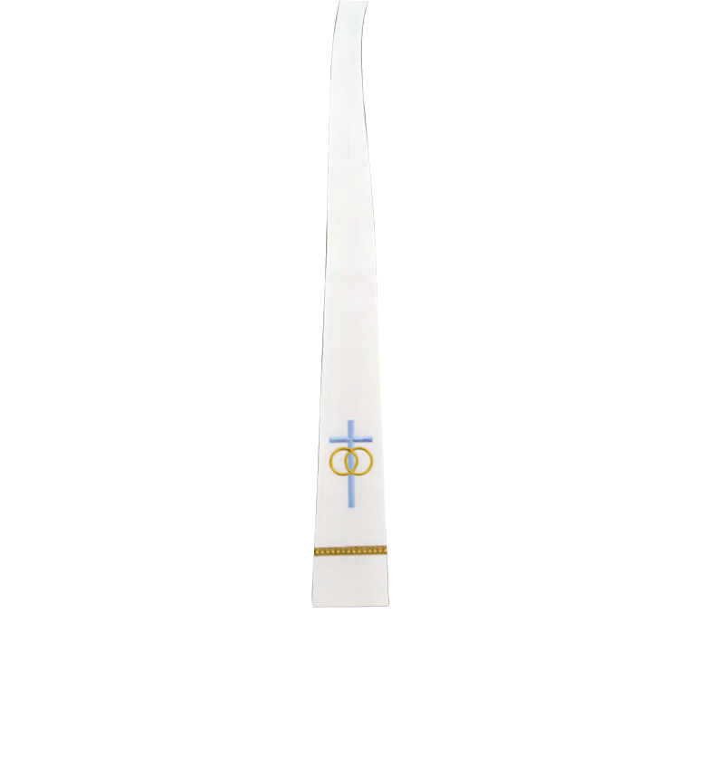 White stole with embroidered cross and rings design on a white background