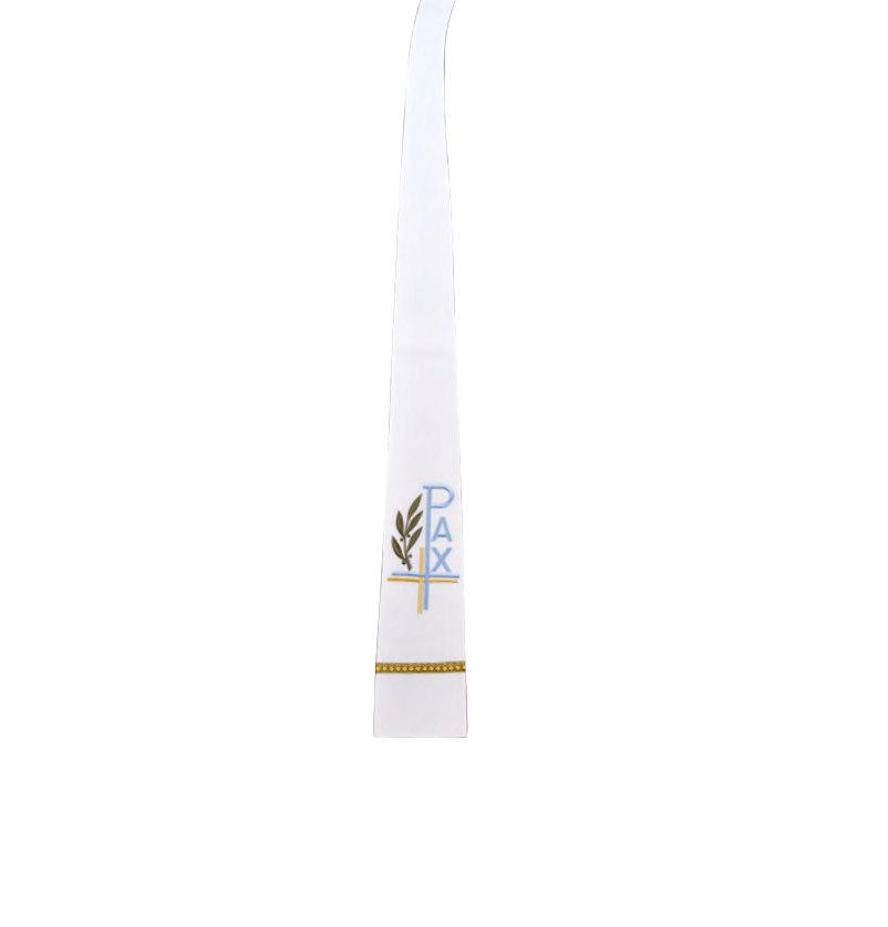 White stole with 'PAX' text and cross design on a white background