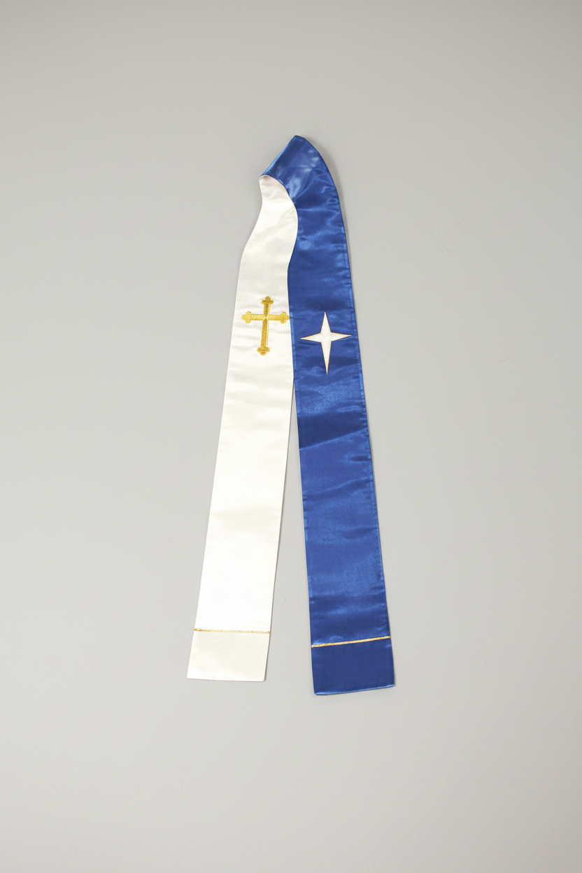 Sash with blue and white stripes and religious symbols on a white background