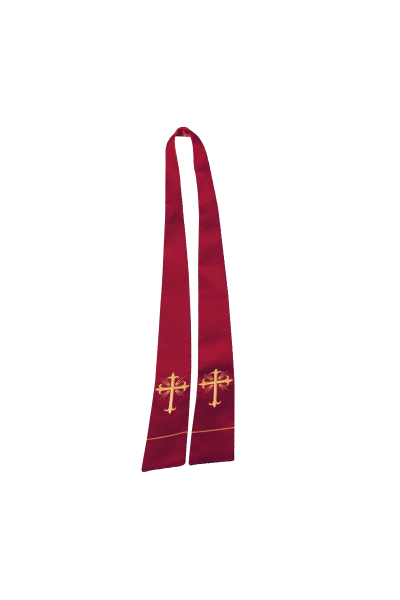 Red stole with gold cross design on a white background