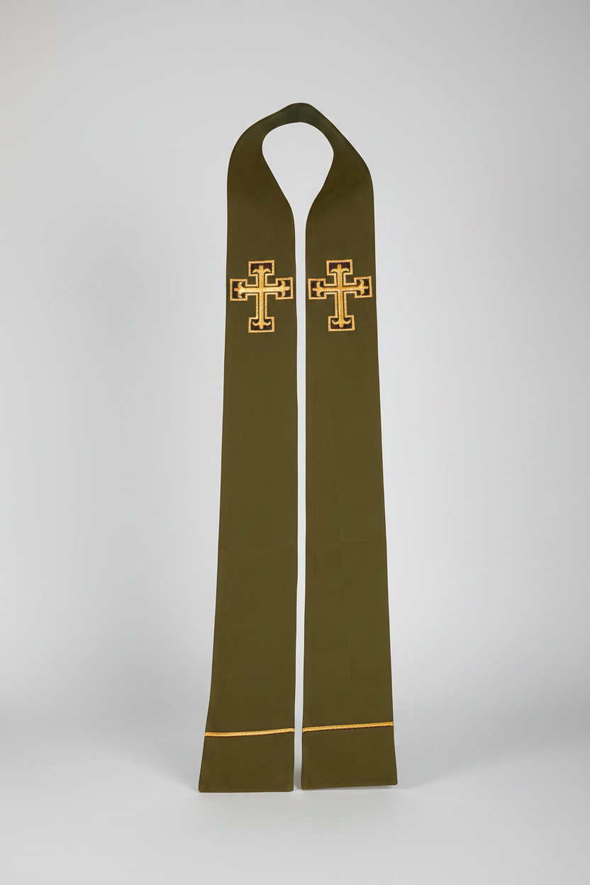 Green stole with gold cross design on a white background