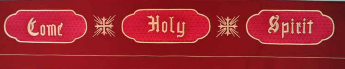 Red banner with 'Come Holy Spirit' text and decorative elements on a red background