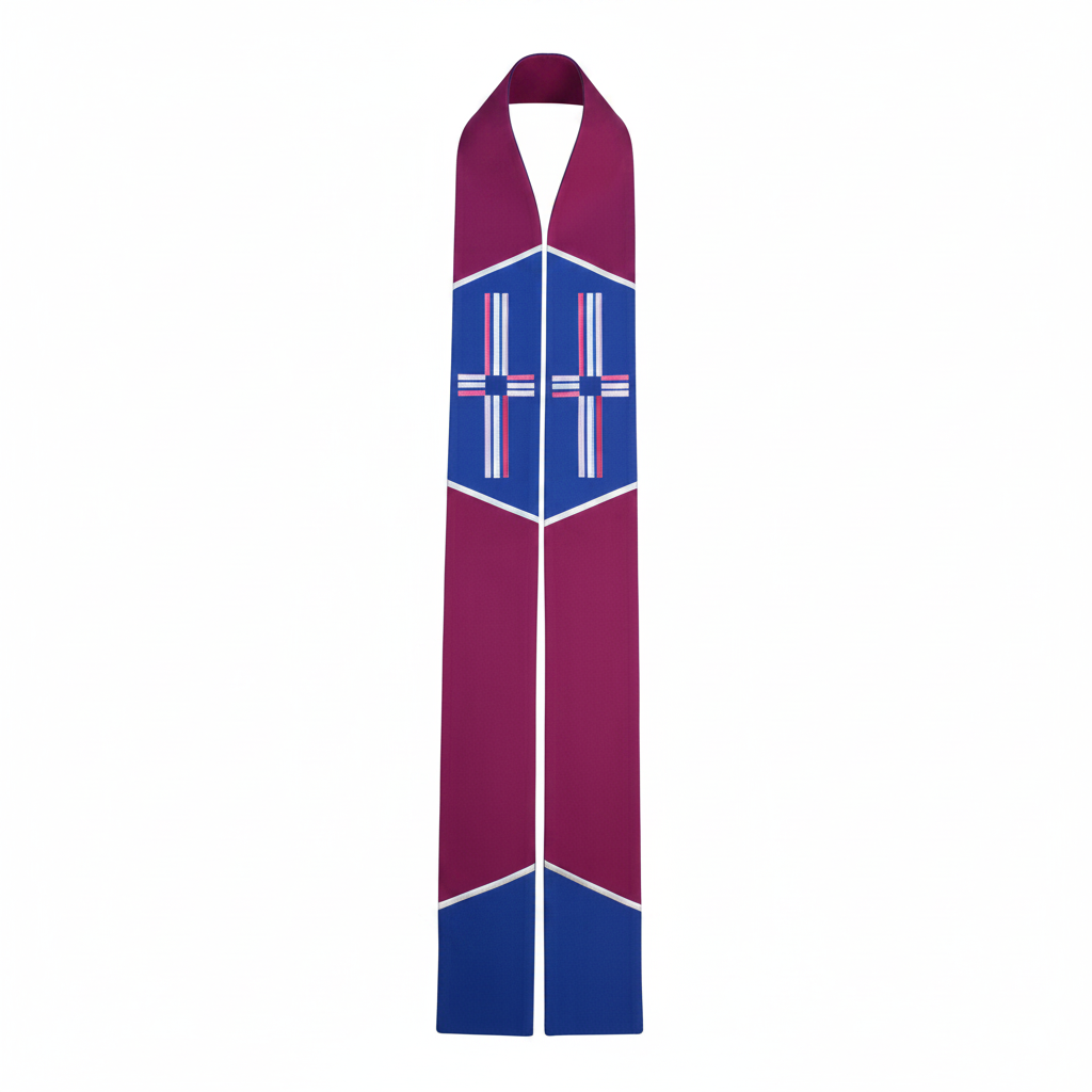 Purple and blue scarf with a geometric pattern on a white background