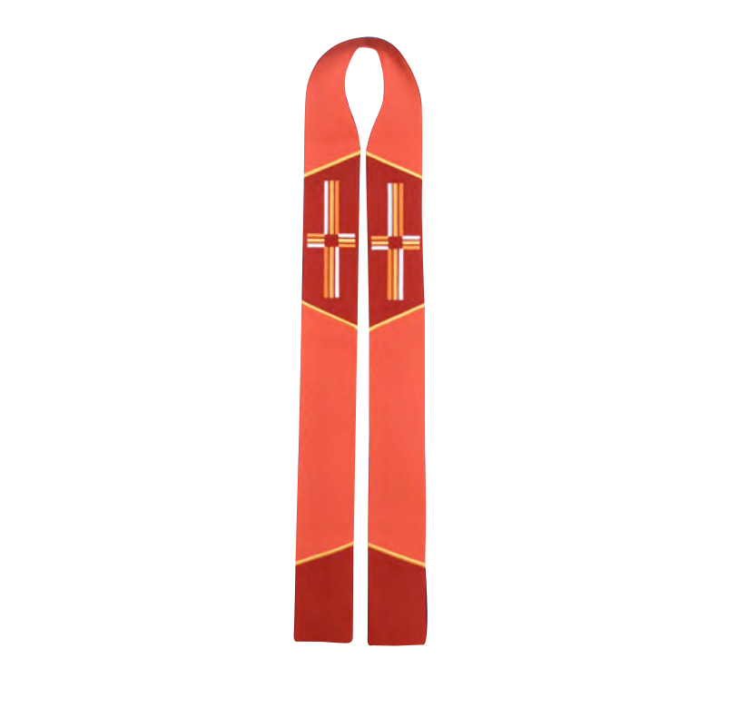 Red and gold cross design on a white background