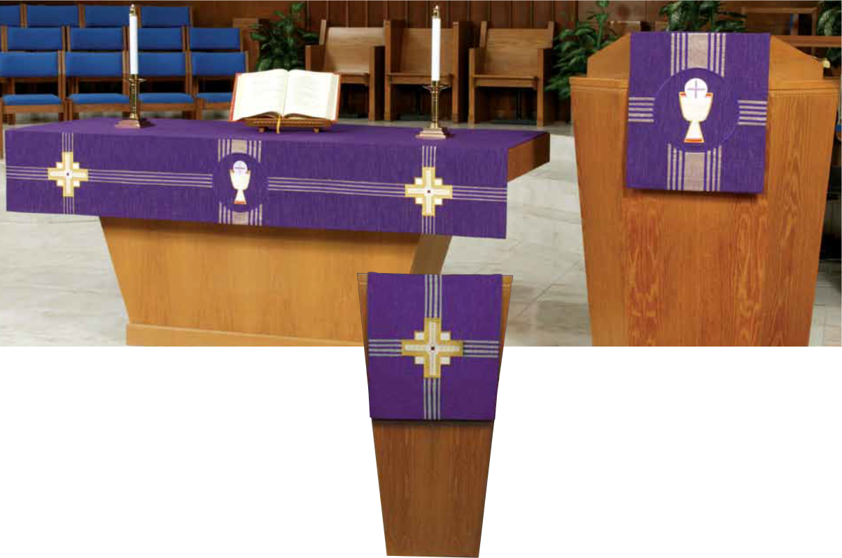 Pulpit with purple fabric and cross design in a church setting