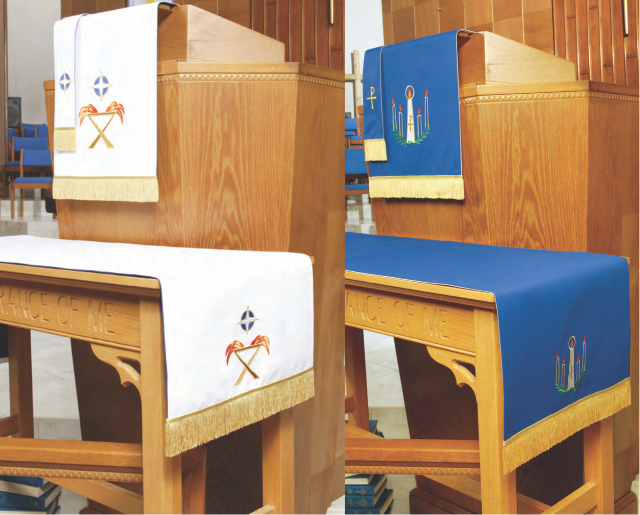 Two wooden pulpits with embroidered covers in a church setting