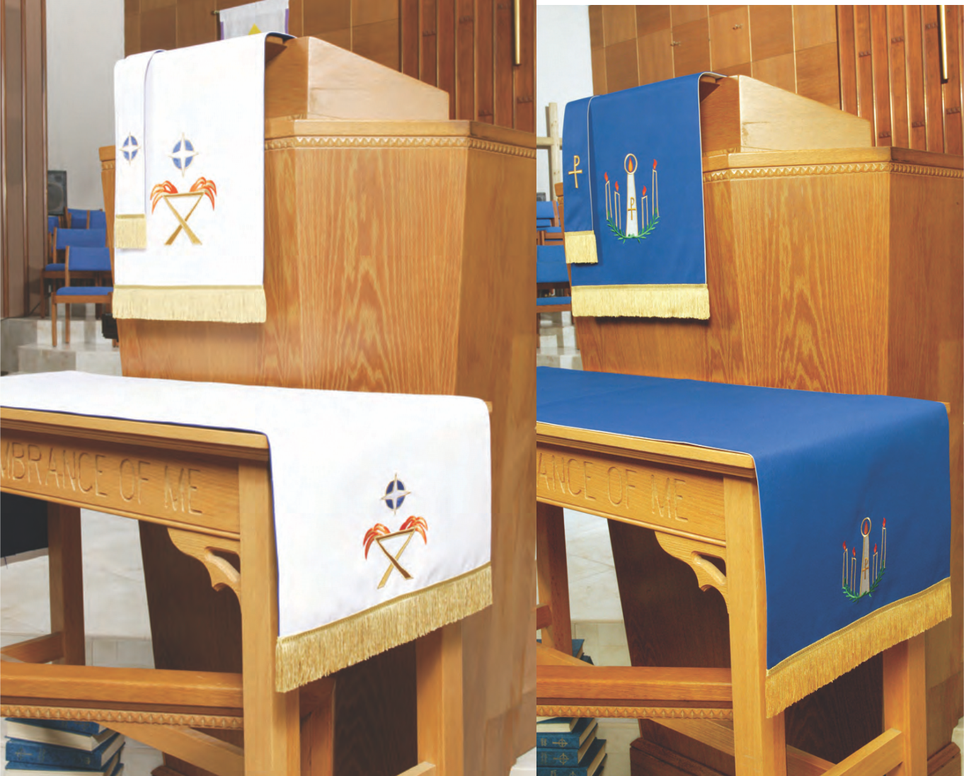 Two wooden chairs with embroidered covers in a church setting