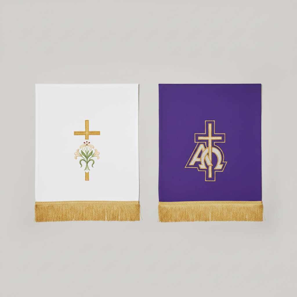 Two wooden pews with draped cloths featuring religious symbols in a church setting.