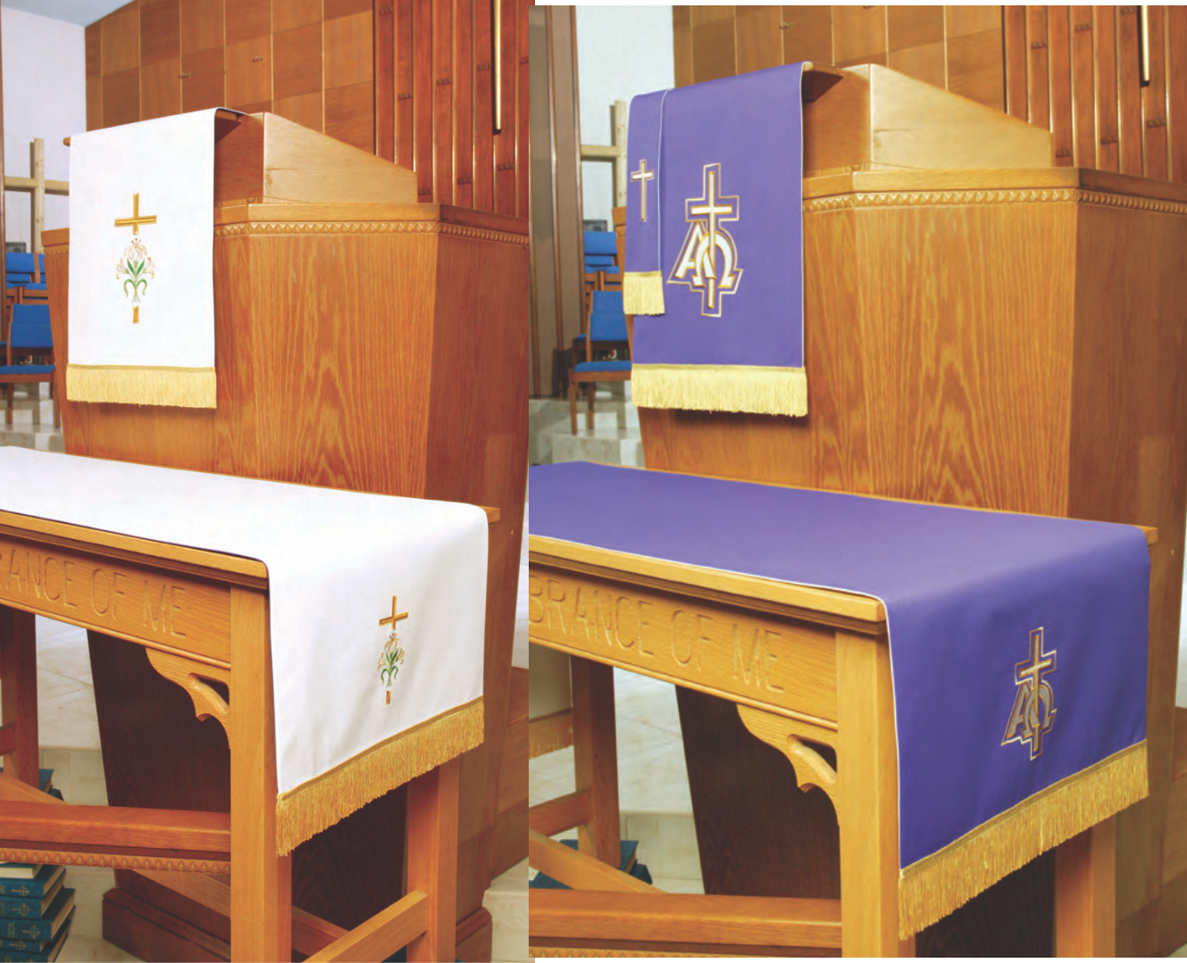 Two wooden pews with draped cloths featuring religious symbols in a church setting.