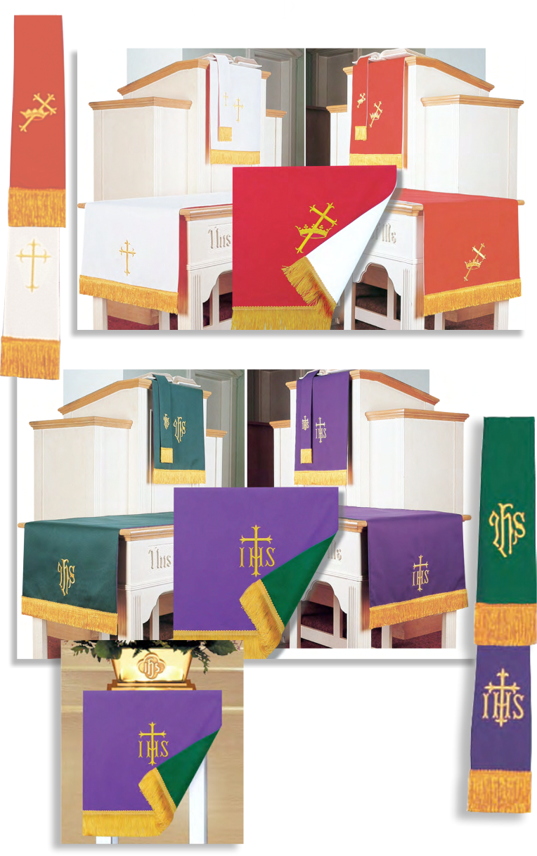 Set of liturgical stoles with crosses and symbols on a white background