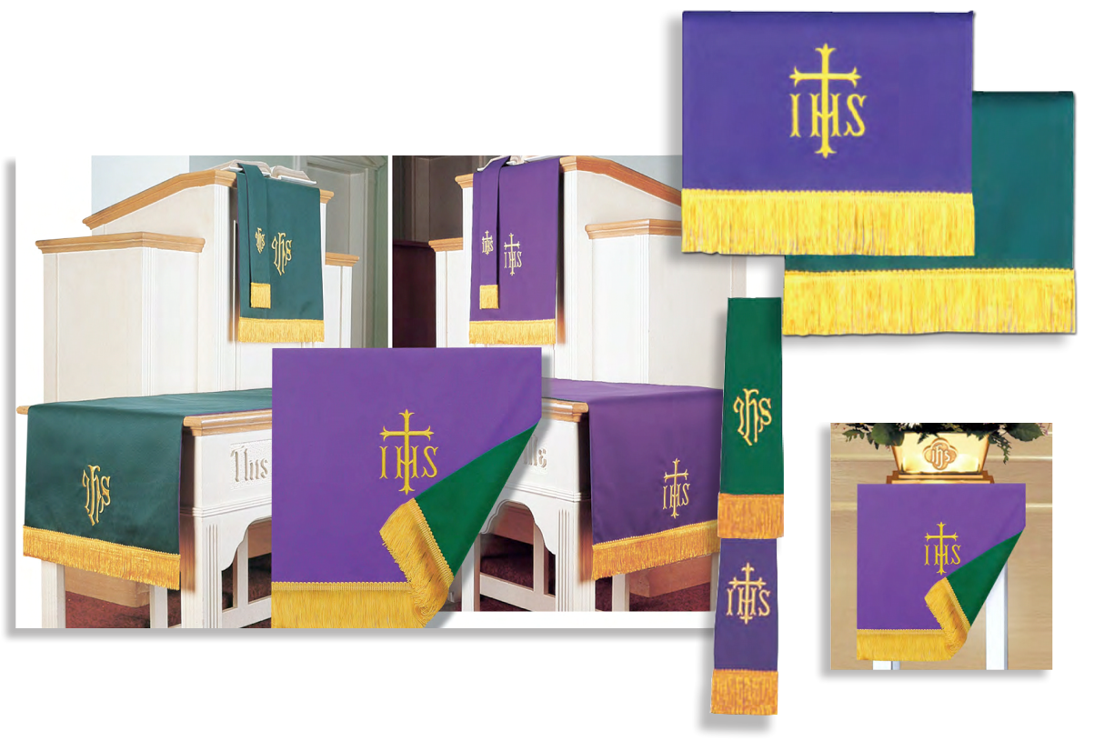 Set of liturgical vestments with IHS symbol on a white background