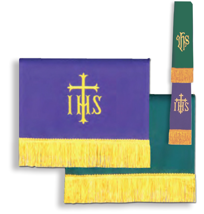 Purple and green liturgical vestments with gold cross and 'IHS' symbol on a white background