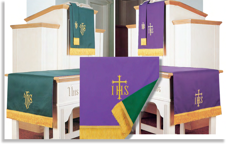 Pulpit cover with IHS symbol in purple and green on a white background